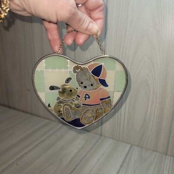 Vtg Heart-Shaped Stained Glass Bear & Bunny Sun Catcher Boho Kidcore - Picture 6 of 6